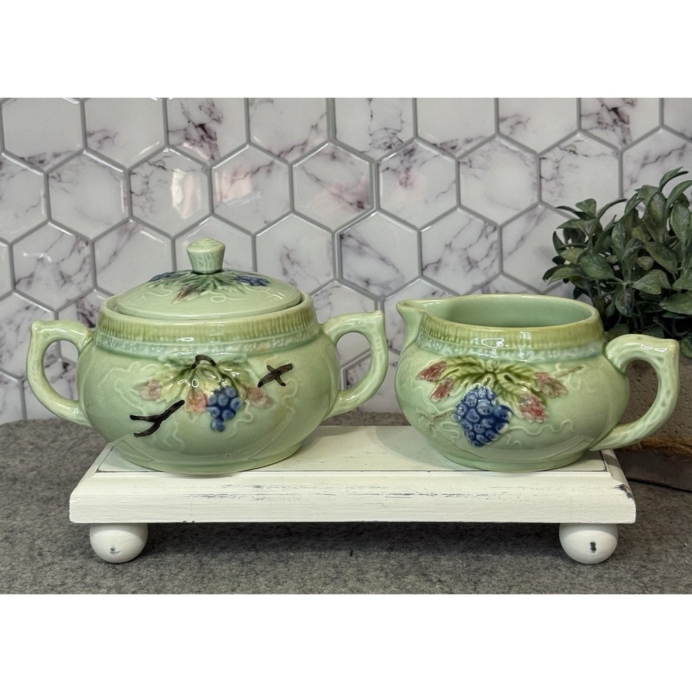 Black Forest Sugar Creamer Art Pottery Majolica Erphila Germany Grapes Design